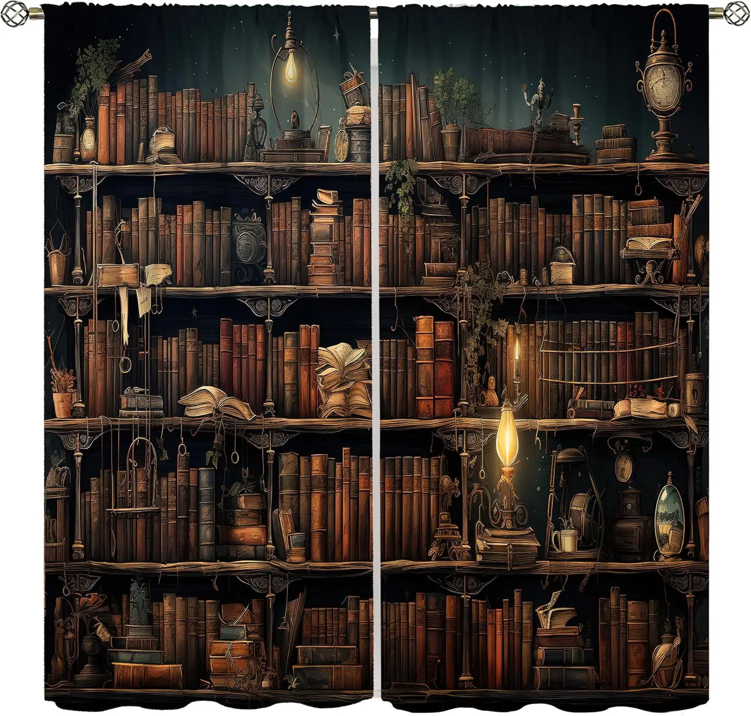 Vintage Bookshelf Curtain Middle Ages 3D Design Bookshelf Drapes Mid Century Bookcase House Rod Pocket Window Treatment Decor