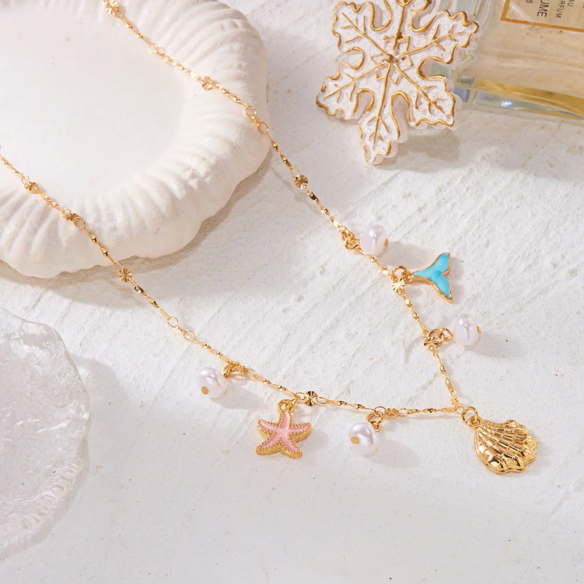 Sommerliche Halskette mit Imitationsperlen, Seestern- und Muschelanhänger für Damen und Herren, Bohemian Fischschwanz-Ozean-Strand-Choker, Urlaubs- und Party-Schmuck – Detail 17
