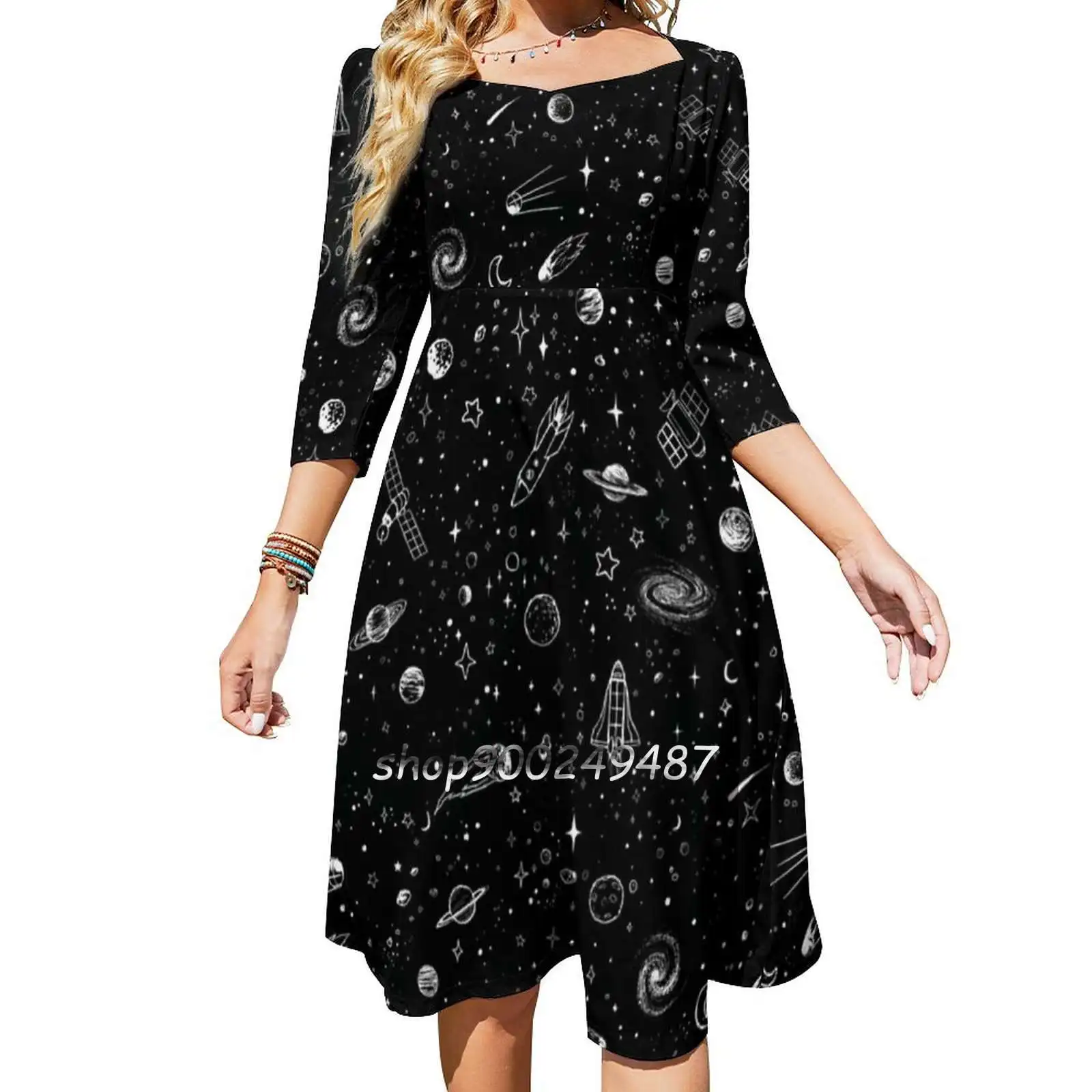 Space Square Neck Dress New Plus Size Elegant Women Waist Tight Dress Space Stuff Planets Satellite Stars Star Rocket Universe