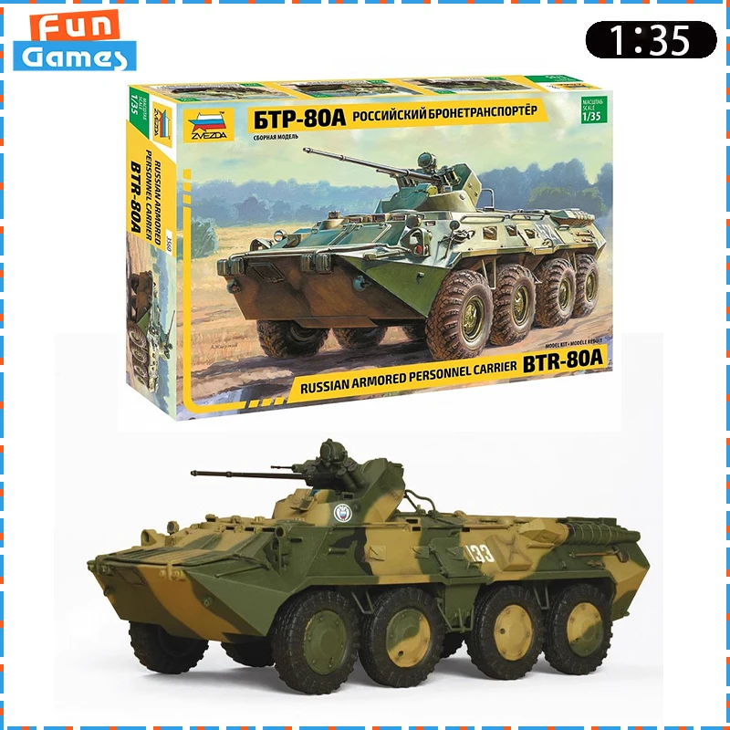 

New 1/35 ZVEZAD Assemble Tank BTR-80A Wheeled Armored Vehicle Assembly Model 3560 Uncolored Ornament Collectible Custom Toy Gift