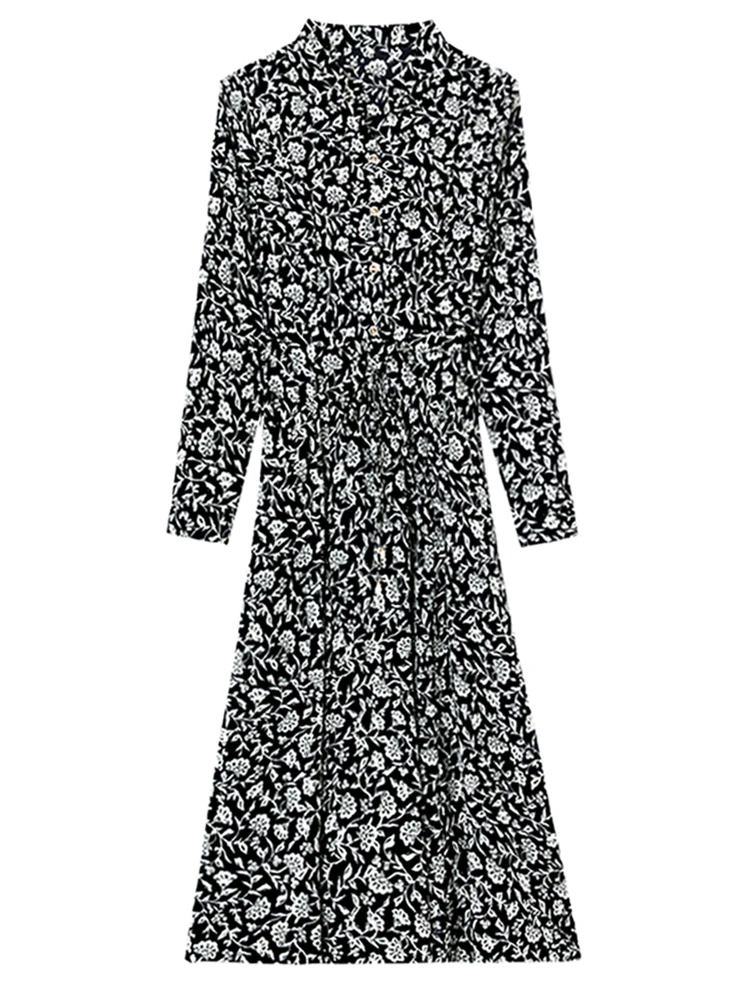 Robe chemise noire vintage à col en V pour femmes, tambour élégant, robe de Rhchic, manches longues, fête, mi-longue, éducatif, décontracté, printemps, automne, 2024