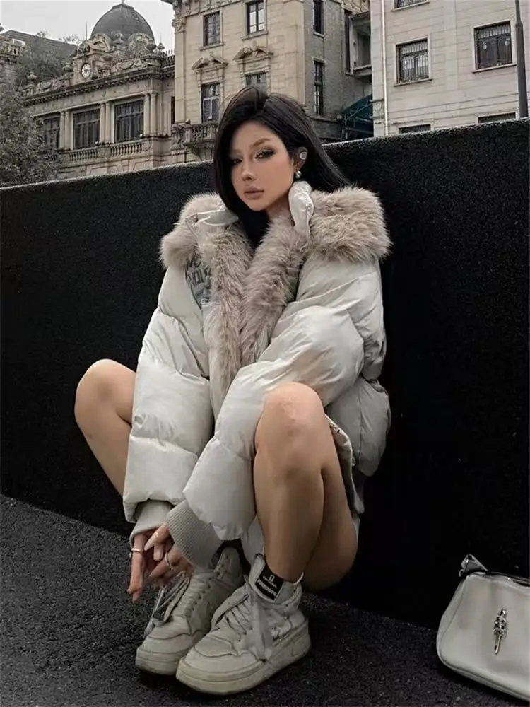 

Women's Patchwork Faux Fur Cotton Padded Coat Winter Warm Thickened Jacket Lapel Collar Outerwear Luxury Coat Women Tops