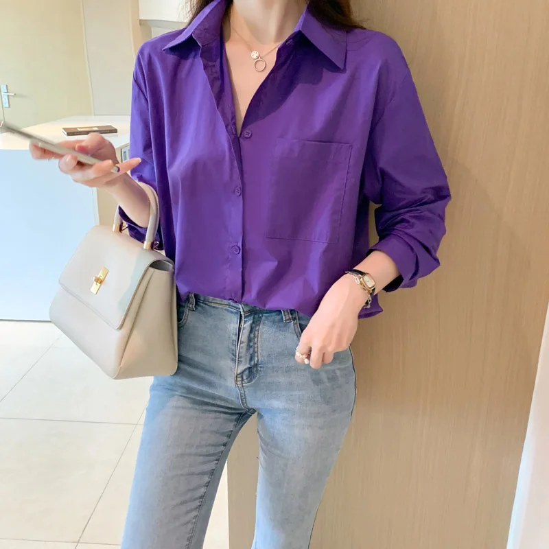 Women Purple Tunics Pockets High Quality Shirts Spring Loose Daily Casual Solid Blouse Female Top Fashion 9 Colors Shirts