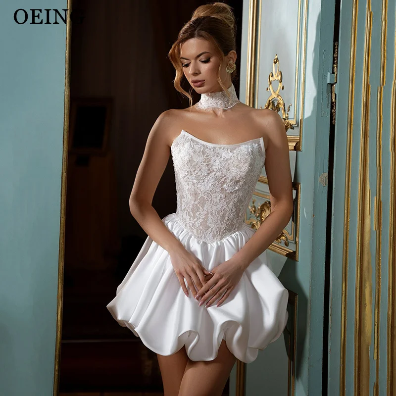 OEING Vintage Lace Satin Wedding Dresses Strapless Bubble Boat Neck Mini Bridal Gowns Party Dresses With Choker Customized