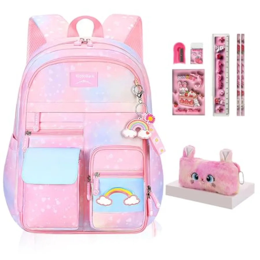

Милый радужный рюкзак Kawaii для девочек, школьные сумки с звездами для подростков, с плюшевым пеналом и набором из 6 предметов для учебы, модель B