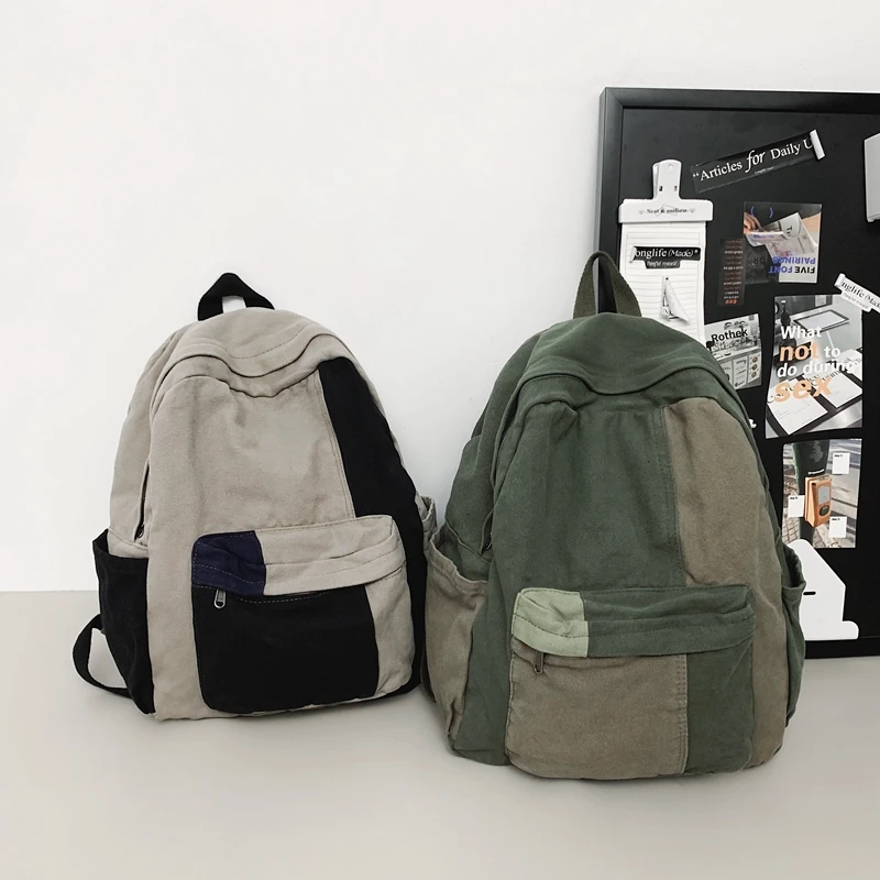Vintage Patchwork Washed Canvas Backpack Color Block Large Rucksack Lightweight For School Travel Daily Casual Student Daypack