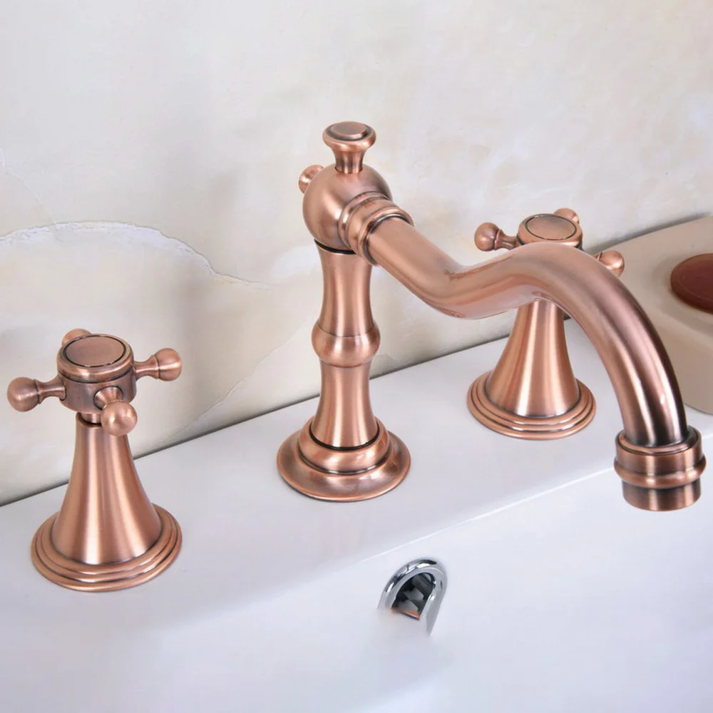 Basin Faucets Brass Antique Red Copper Deck Mounted Bathroom Sink Faucets 3 Hole Double Handle Hot And Cold Water Tap trg073