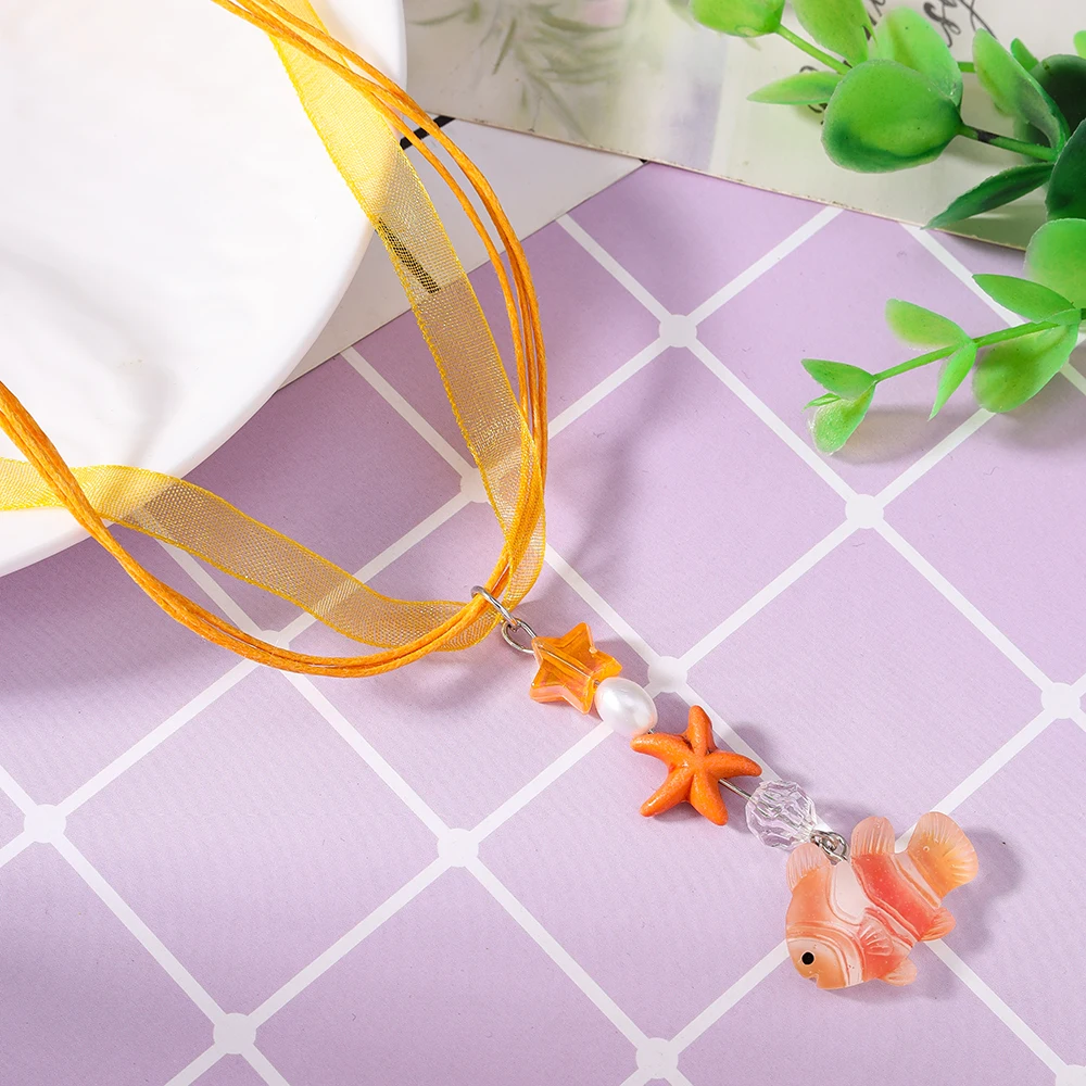 Aihua Kalung Ikan Kecil Bintang Laut Fashion untuk Hadiah Perhiasan Kalung Anak-anak Kartun Cantik Anak Perempuan Wanita Pantai Musim Panas