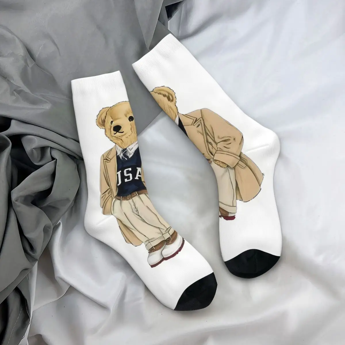 Vintage Back Polo Trip Men\'s Socks Teddy Bear Unisex Street Style Seamless Printed Funny Crew Sock Gift