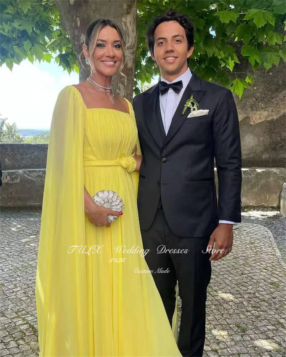 TULX Elegant Long Sleeve Yellow Prom Dresses with Cape A-Line Chiffon Pleated Floor Length Evening Dress for Women فساتين سهرة