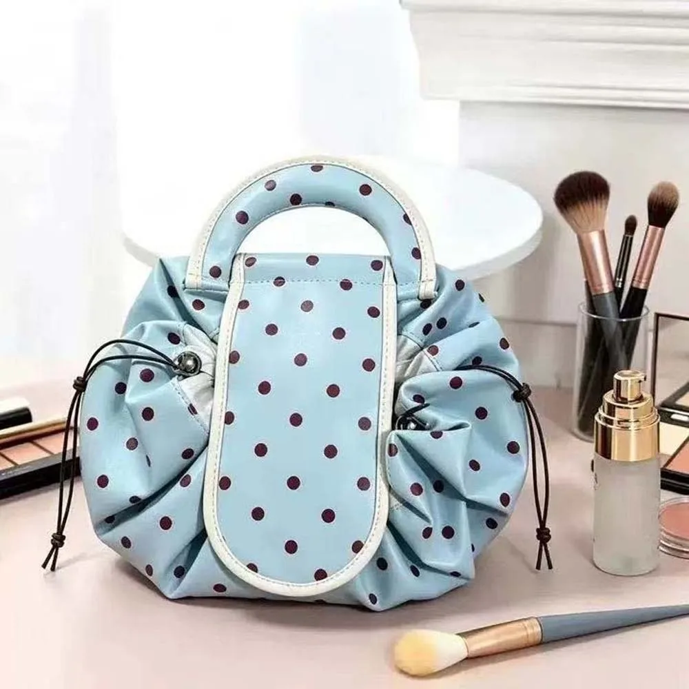 Waterproof Drawstring Makeup Pouch Foldable Washable Polka Dot Cosmetic Bag Portable Spacious Lazy Travel Organizer Students