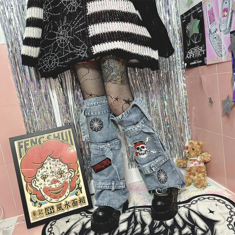 2024 Hot Girl Streetwear Fashion Original Spider Skull Web Embroidery Denim Leg Warmer Punk Casual All-Match Thigh High Socks