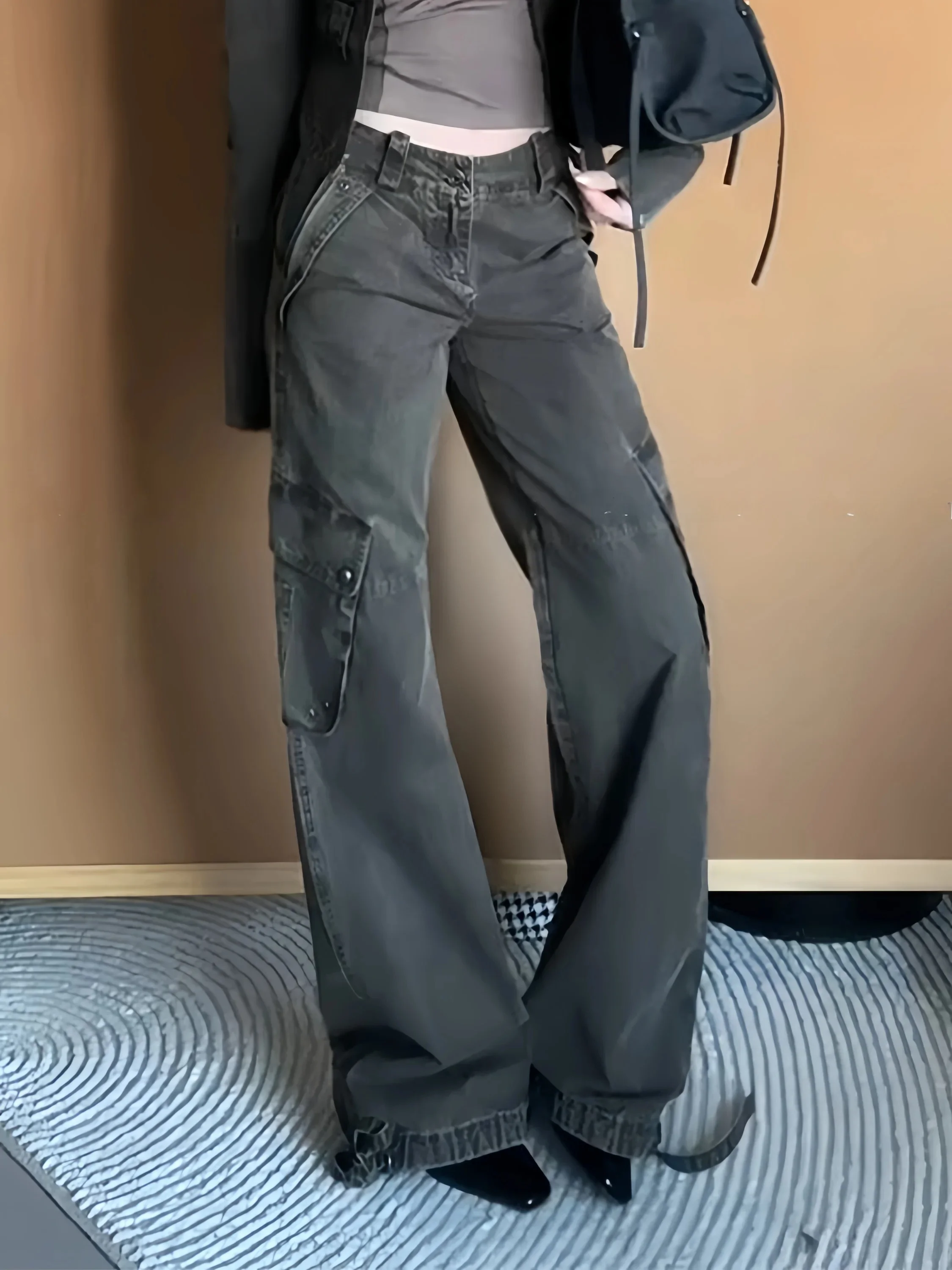 Retro American Low Pixel Coffee Color Women's Loose Straight Leg Jeans High Waist Zipper Fly Daily Wear Four Seasons Universal