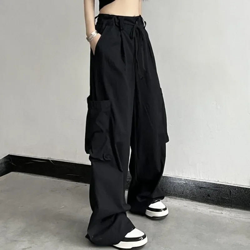 Cargo Pants Women Loose Solid Pockets Empire Floor Length All-match Chic Preppy Style Streetwear Female Daily Ins Autumn Winter