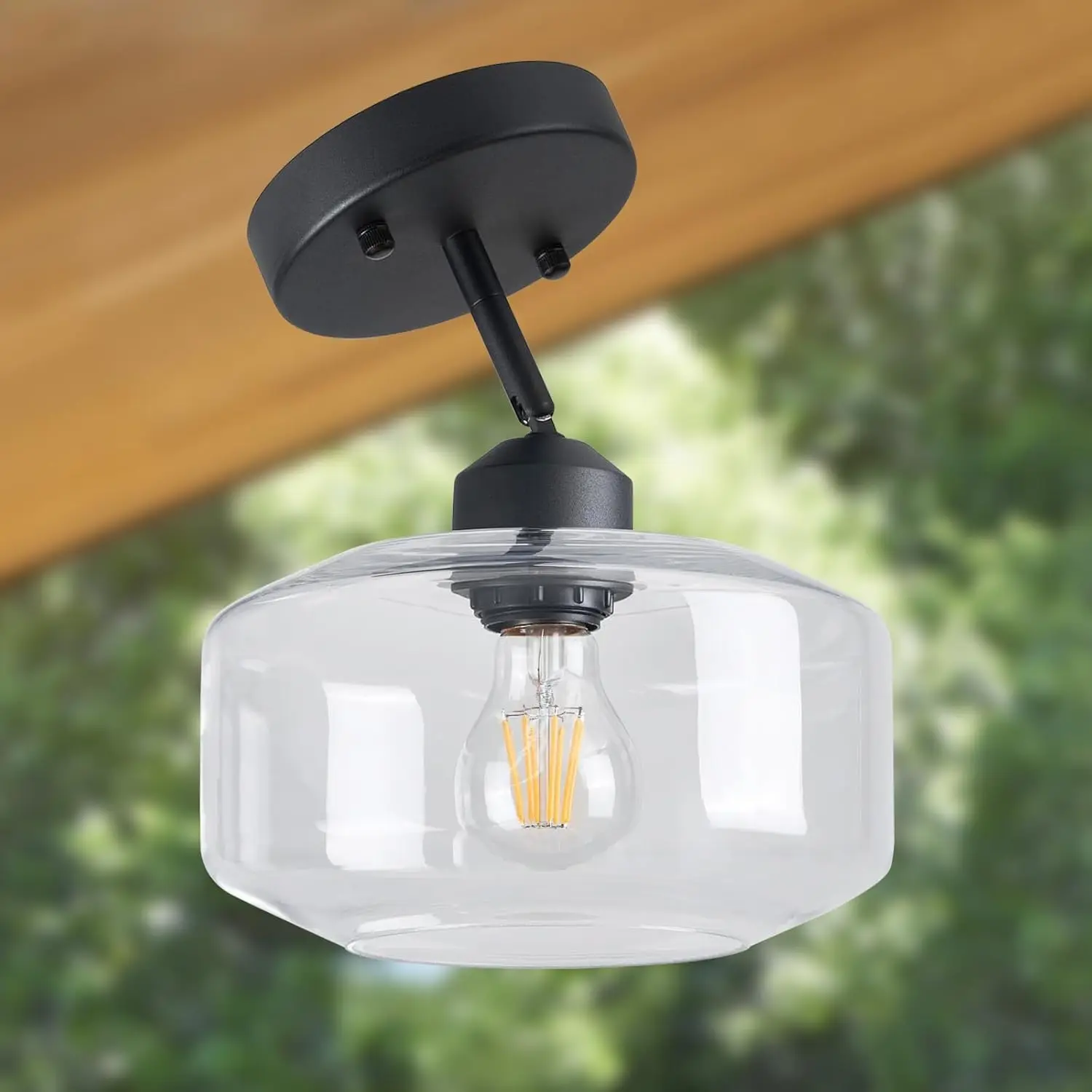 Matte Black Semi Flush Mount Light With Clear Glass Shade, Adjustable For Sloped Ceilings For Kitchen,Hallway,Living Room