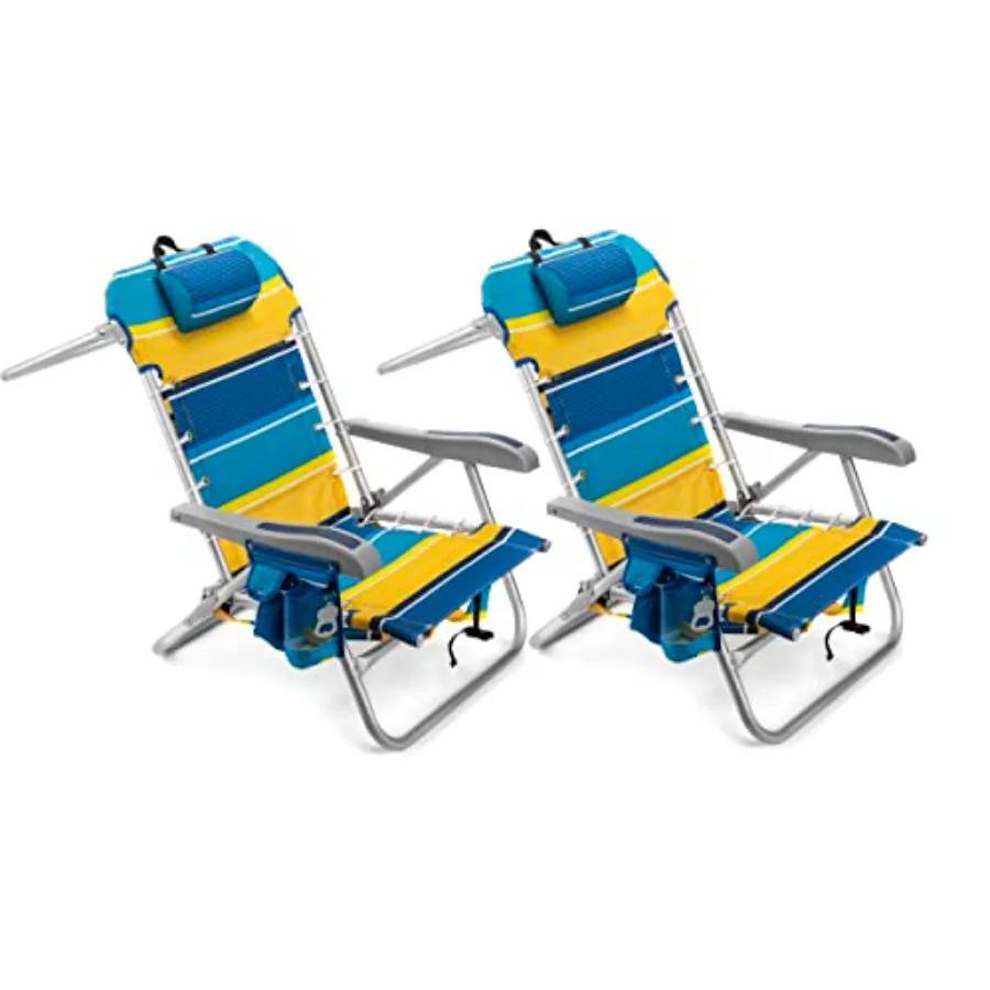 Silla de Playa Plegable con 5 Posiciones, Barra para Toallas, Bolsa Refrigerante XL, Red de Almacenamiento, Portavasos y Portacelular, Sunshine, Paquete de 2