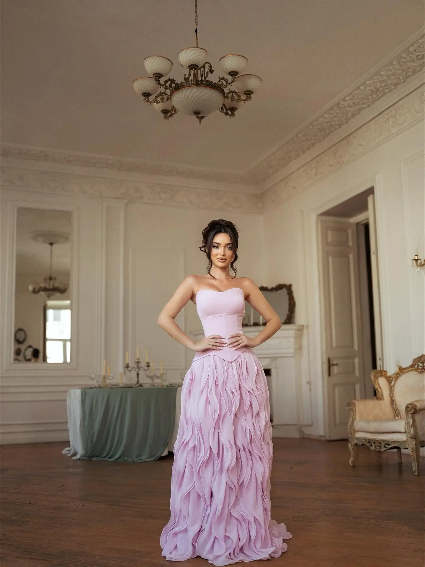 Elegant Pink Strapless Ball Gown Cottagecore Minimalist Midi Dress Summer Style Romantic Ruffle Skirt for Prom & Evening Events