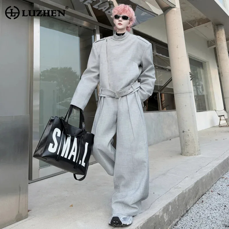 Luzhen 2025 באביב עיצוב zipper ישרה חדש עיצוב רוכסן רופף מכנסיים מזדמנים גברים אופנה רחוב גבוהה רגיל שני חלקים lz8325