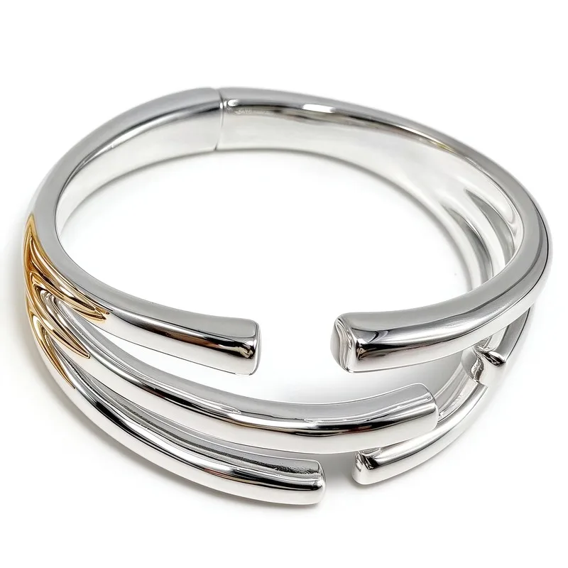 Multi Strand Curved Open Bangle with Gold Texture Detail, Layered Arch Design Cuff, Elegant, Polished Mirror Surface, 19cm, High Quality Alloy, Hypoallergenic, Trendy Statement Wrist Jewelry Piece, Durable Premium Finish, Ideal Christmas Gift for Her