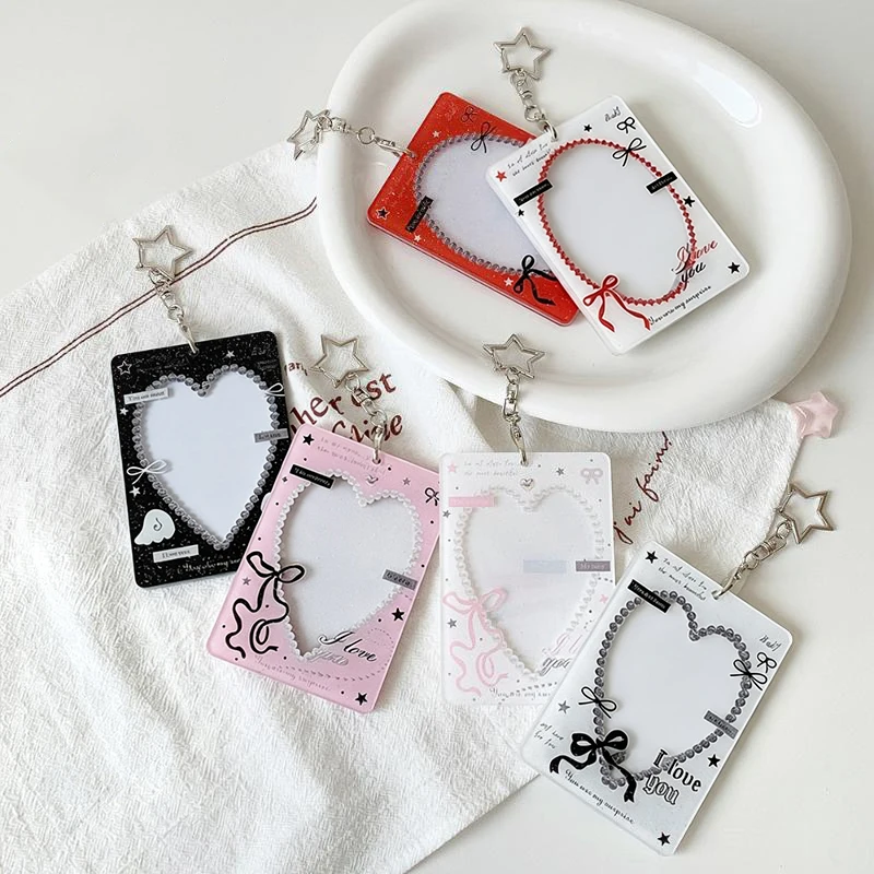 Herzförmiger Photocard-Halter mit Stern-Schlüsselanhänger, Niedlicher Spitzenrahmen, Ausweishülle, Kpop-Photocard-Schutzhülle, Taschenanhänger, Geschenk für Fans – Detail 2