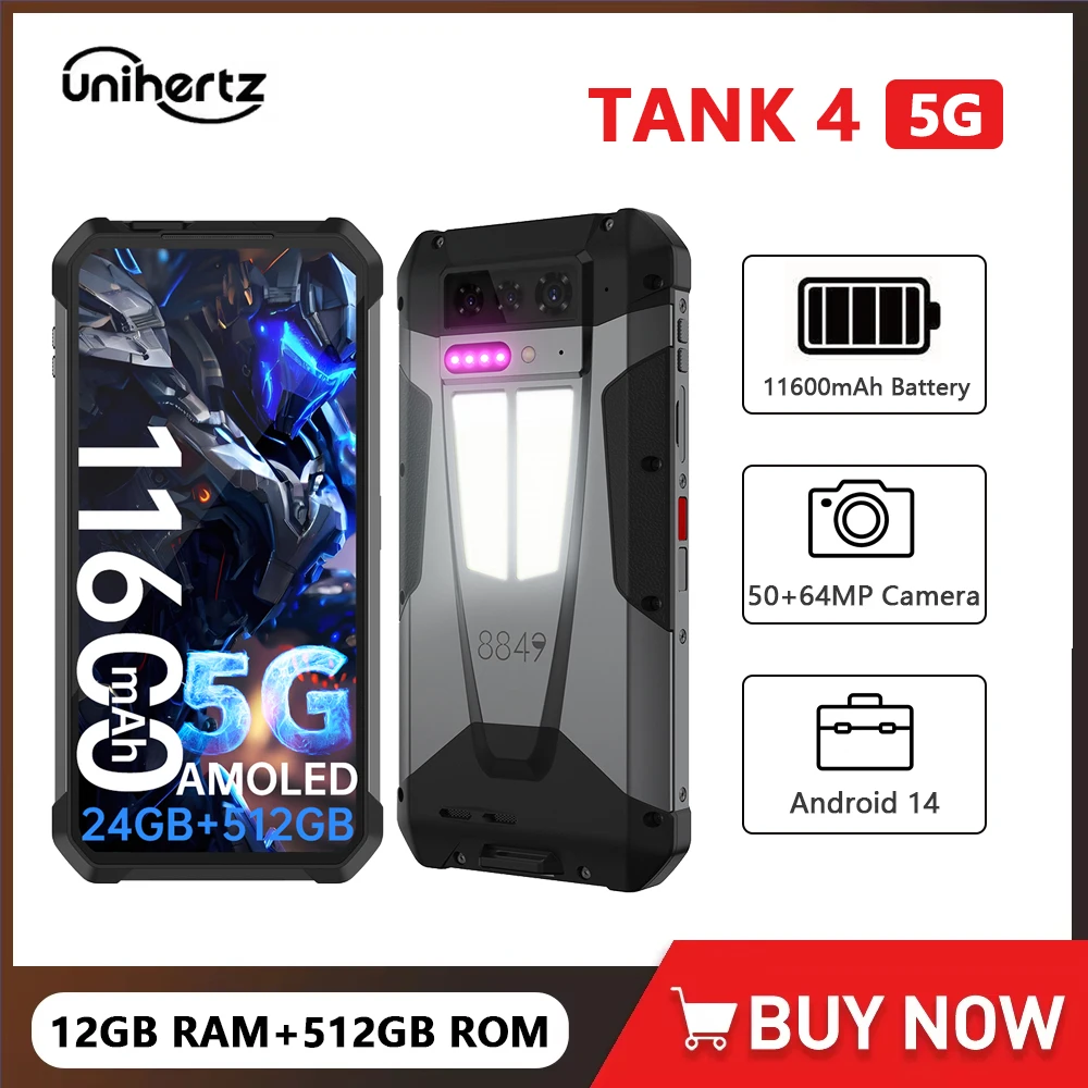 Unihertz by 8849 Tank 4 5G Rugged Projector Smartphone Android Dimensity 7300 12GB 512GB Mobile Phone 11600mAh 2.6k AMOLED