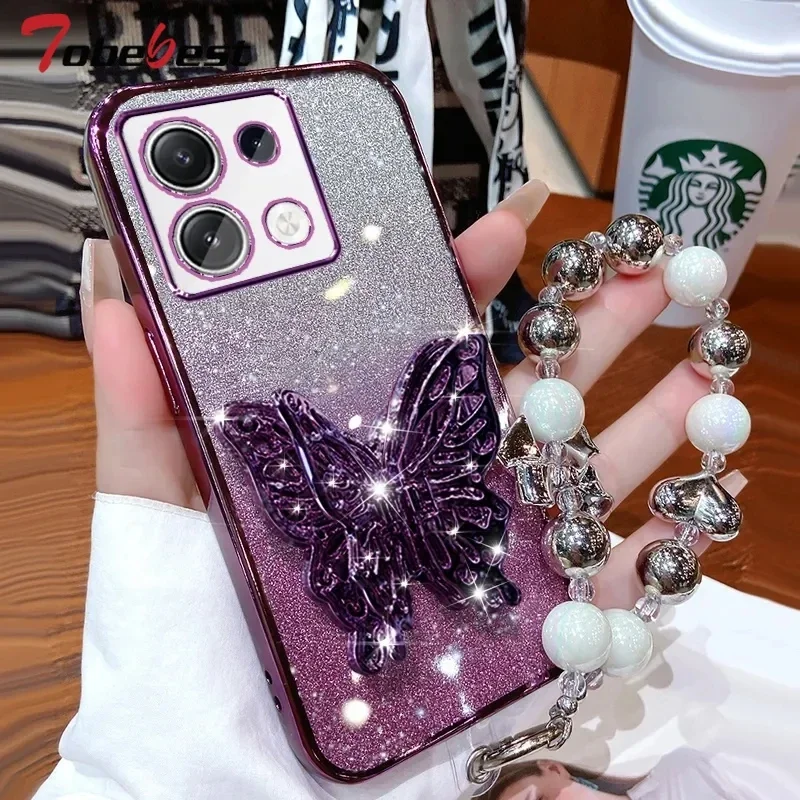 3D Butterfly Phone Holder Bead bracelet Glitter Plating Case for Xiaomi Redmi Note 13 12 11 10 9 8 11S 10S 9S Pro Plus 4G 5G