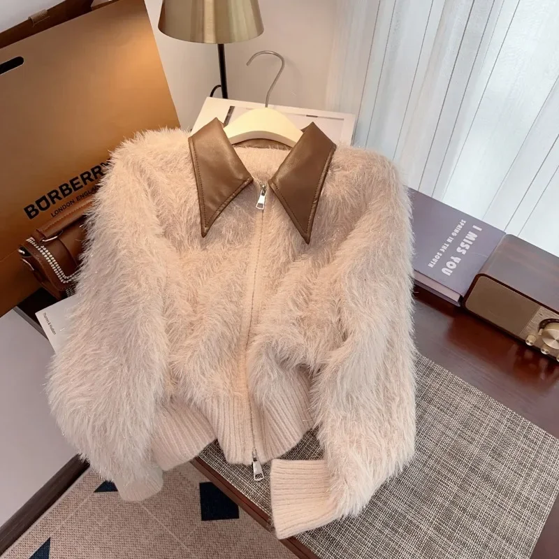 

French Soft Waxy Fluffy Sense Leather Collar Design Sense Temperament Small Fragrant Sweater Coat Fold Wear Knit Cardigan JJ165