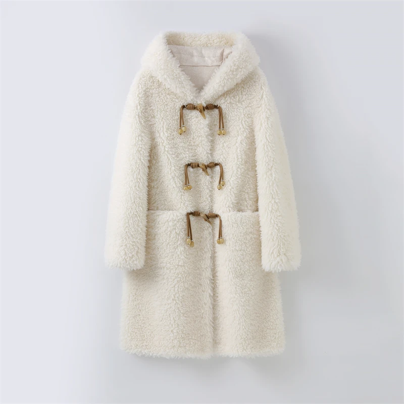 

Lady's Chic Sheep Shearling Warm Long Coat Female Women Genuine Wool Winter Hooded Jacket Parka H2385