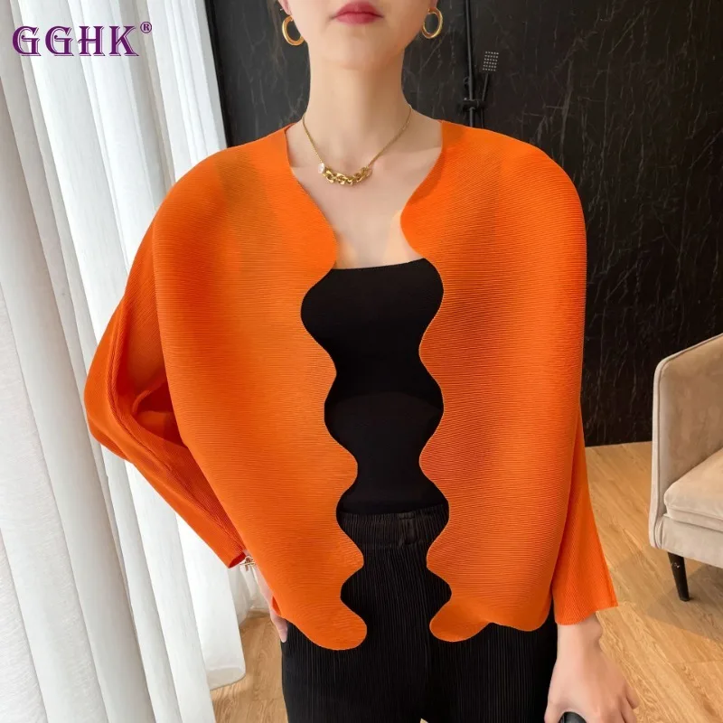 GGHK Pleated Women Solid Color Cardigan Outer Poncho 2024 Spring and Autumn New Loose Hundred - Casual Female Jacket