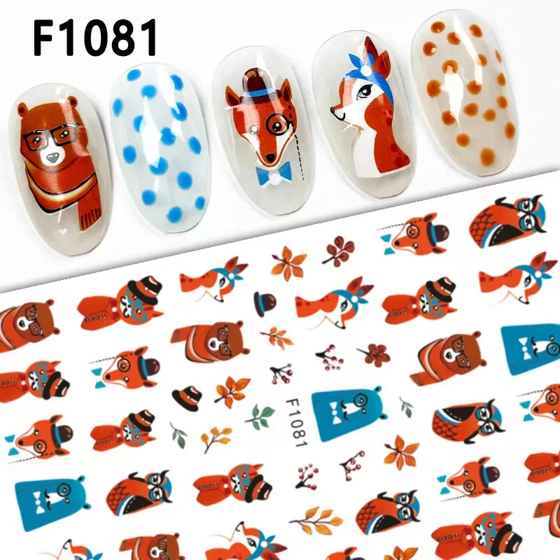 

1PCS Bear Fox Nail Stickers Animal Squirrel Nail Supplies Butterfly Nail Decals Flowers Petal Stickers For Nails Press On Nails