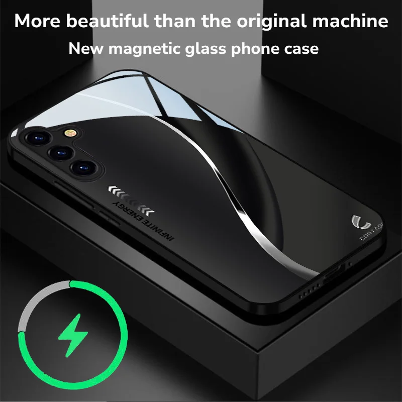 Creative silver striped tempered glass magnetic phone case suitable for Samsung Galaxy S26 S25 S24 S22 S21 S20 FE/Ultra/Plus