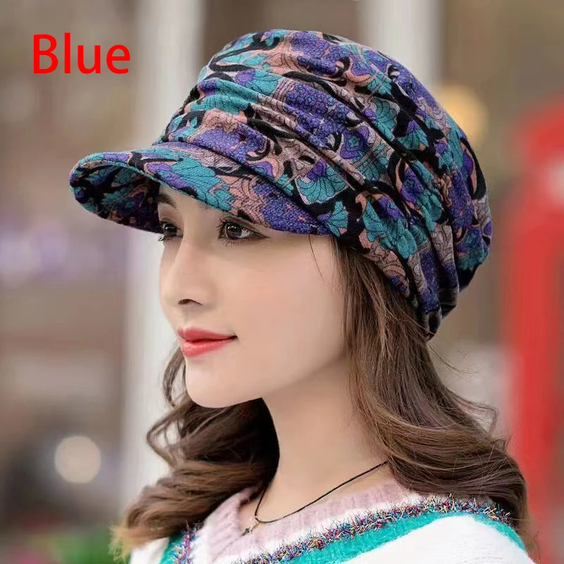 5 Colors Short Wide Brim Floral Print Earflap Hat Ethnic Windproof Foldable Warm Women Autumn Winter Outdoor Daily Cap Free Size