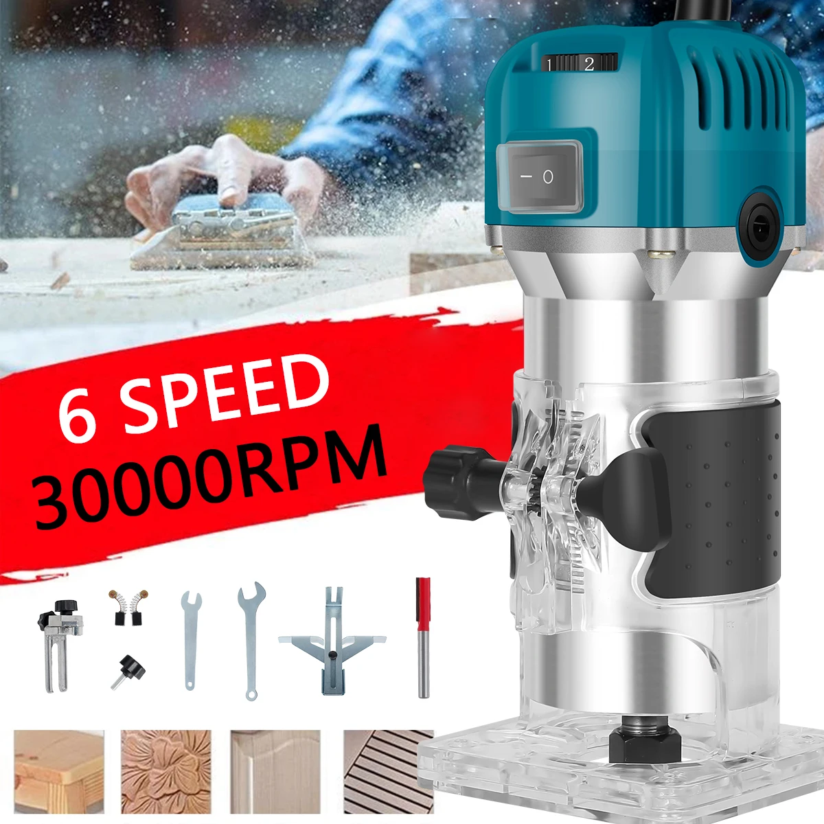 Router Kayu Pemangkas Elektrik Mesin Penggilingan Kayu 30000RPM 6 Variabel Kecepatan Pemangkas Tangan Listrik Alat Router Tepi Kayu