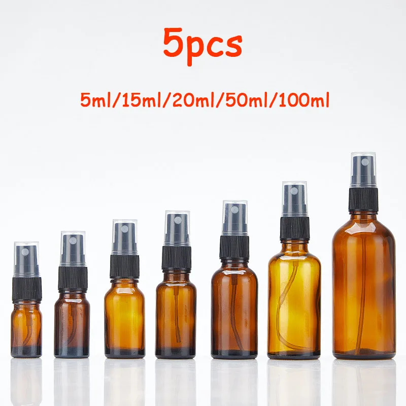 5PCS 5/10/15/20/50/100ml Amber Glass Spray Bottle Essential Oil Atomiser Cosmetic Dispensing Container Portable Travel Bottle