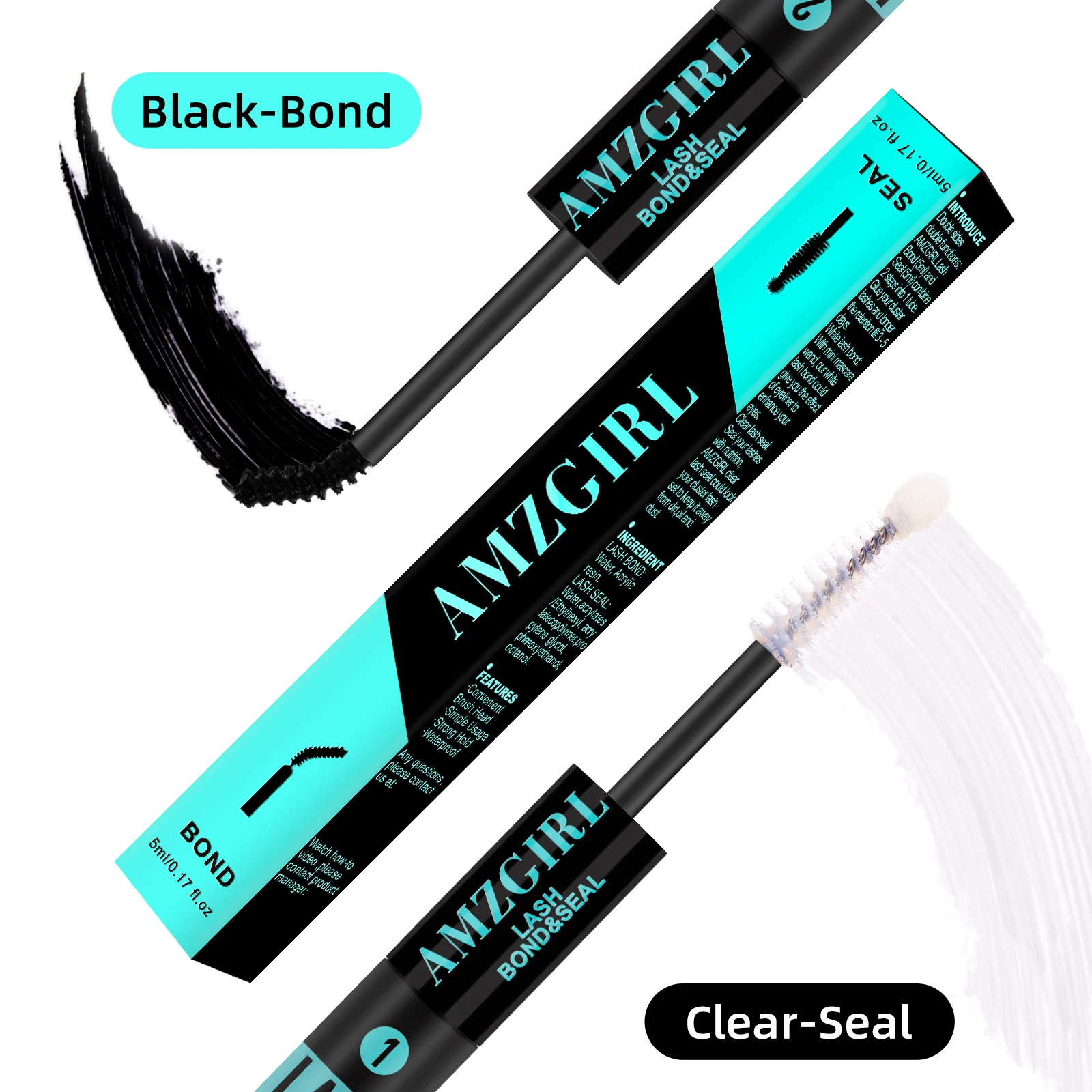 

Amzgirl 10ml Eyelash Glue 2 in 1 Bond and Seal Waterproof Long Lasting 72 Hours Black Cluster Lash Glue + Lash Seal