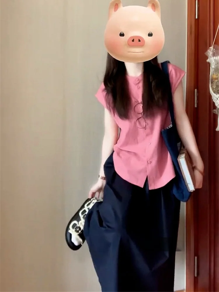 

Japanese Sle Pink ort Sve Women's irt Unique Design Casual Faion Ant Wrinkle Regular Thin Pure Color Button C...