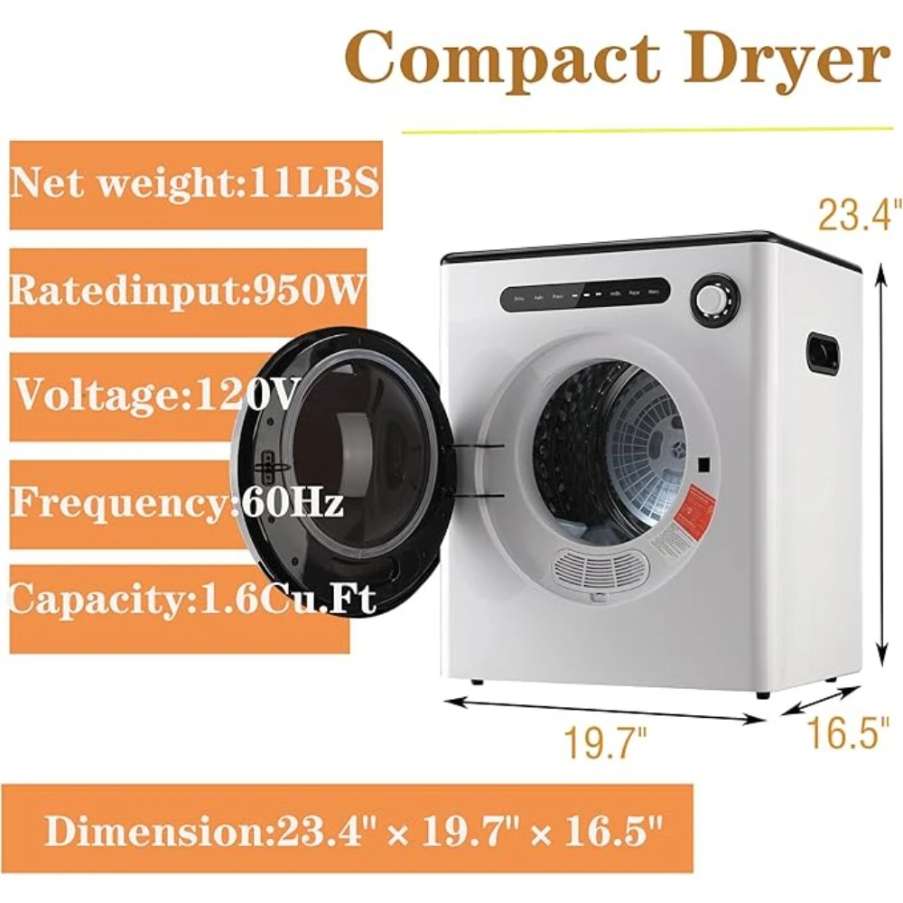 Clothes Dryer, 1.6cu.ft Front Load Electric Dryers Machine With Exhaust Pipe, Auto Stop And Easy Control,  Portable Cloth Dryer