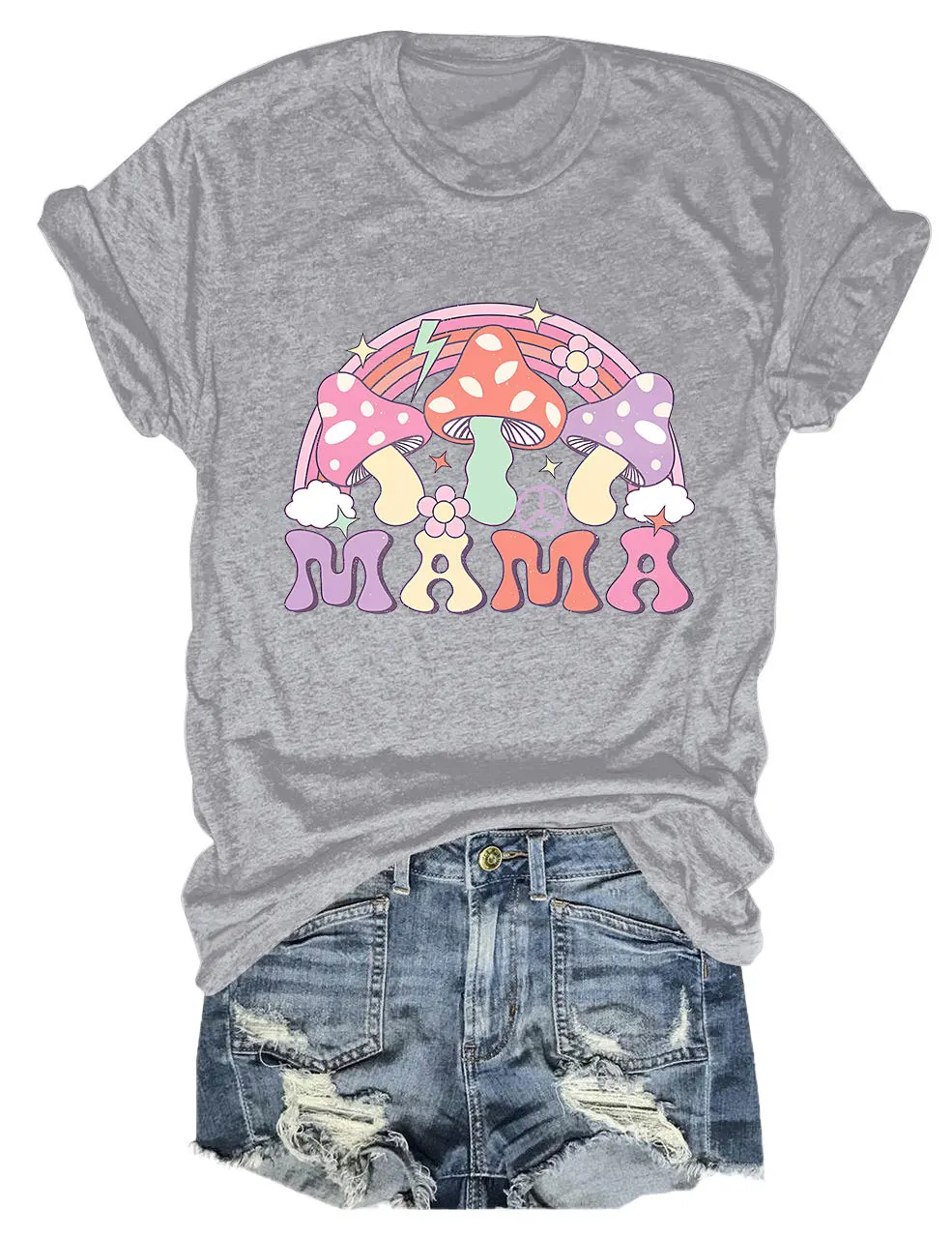 Summer new short sleeve T-shirt mama Mushroom rainbow print loose O collar fashion casual top