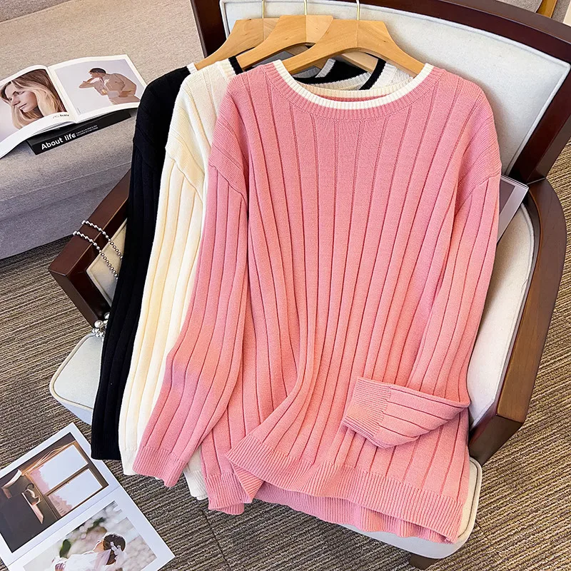 170 kg Plus Size Damski biust 160 Wiosna Jesień Zima Luźny sweter z okrągłym dekoltem Sweter z dzianiny 4XL 5XL 6XL 7XL 8XL 9XL 3 kolory