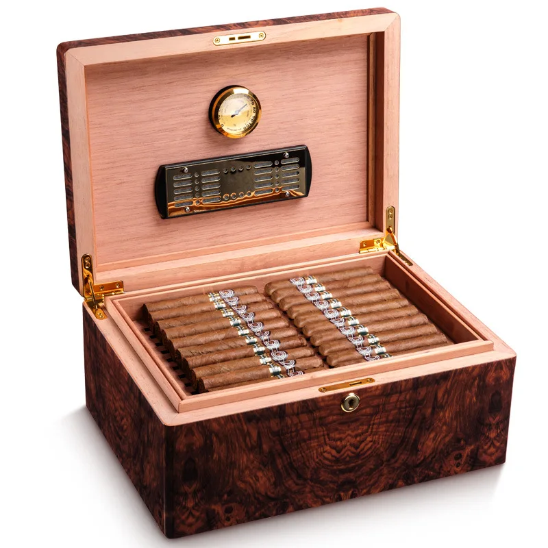 Large Capacity Cigar Box With Ebony Pattern And Fragrant Cedar Wood, Built-In Thermometer, Hygrometer, And Men's Gift.