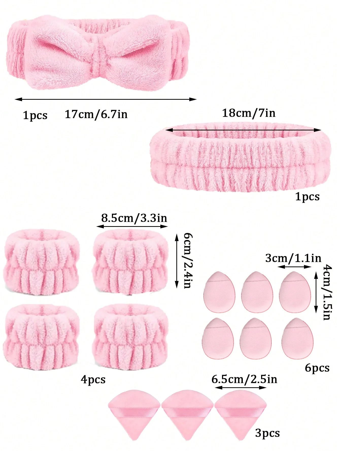 16 قطعة من عصابة الرأس للمكياج، مع مجموعة عصابات الرأس وأساور المعصم، 6 قطع من منتفخ البودرة و3 قطع إسفنجة مكياج، لغسل الوجه والمنتجع الصحي والعناية بالبشرة