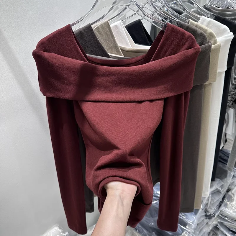 Long Sleeve Tshirts Women Slash Neck Solid Stylish Slim Tees Casual Tops Autumn Winter Basic Clothes Simple Soft Chic All-match