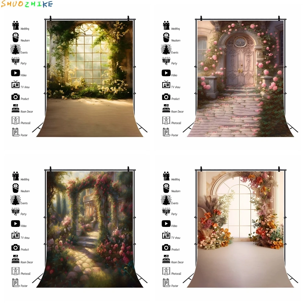 

Floral Windows Backdrops Retro Castle Kids Adult Photocall Oil Painting Spring Flower Garden Background Photography Props