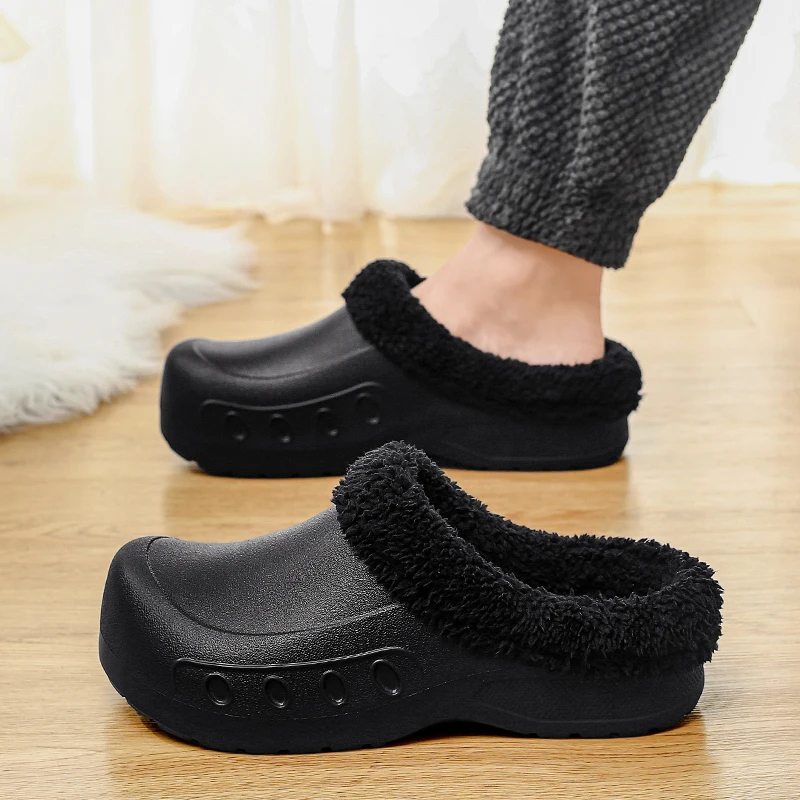 Cotton Slippers with Velvet Lining to Keep Warm, Chef's Shoes, Waterproof and Oil-Proof Work Shoes, Men's Slippers