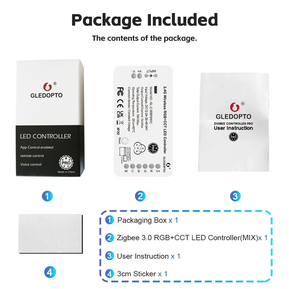 GLEDOPTO (RGB+W ) 12-24V ZigBee LED Strip Controller  Alexa Tuya SmartThings App 2.4G RF Remote Control