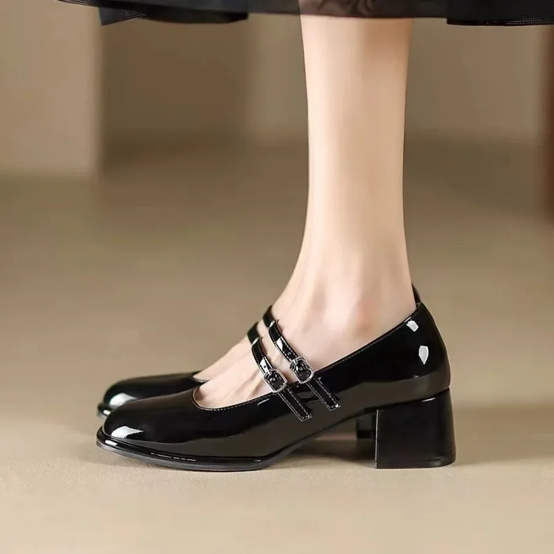 High Heel Casual Pumps Square Toe Square Heel 2024 Brand Shoes Female Buckle Strap Autumn Solid Classics Pumps Tacón Alto