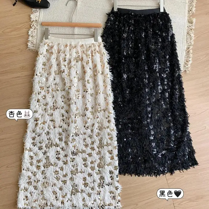 Sequins Tassels Long Skirt For Women Stylish Chic Fashion Ladies Skirts Elastic Waist Split Woman's Skirts Mujer 2024