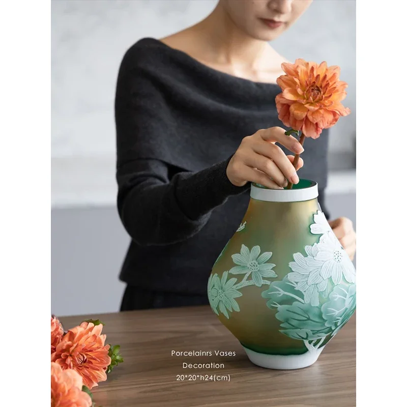 Vase ceramic plant flower printing and dyeing retro new Chinese handmade relief suitable for living room home dining  model roo