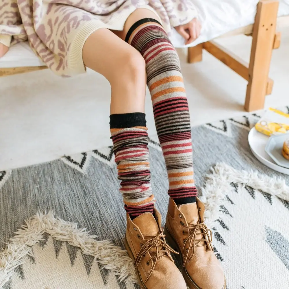 Fashion Colorful Wool Ruffle Socks Animal Furr Knee High Stockings Women Y2K Thick Foot Cover Knitted Leg Warmers Streetwear