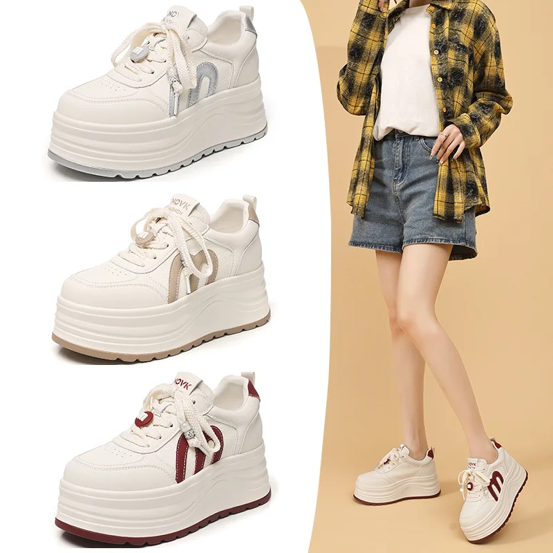 

Женские кроссовки из искусственной кожи, весна 2026, новая модель, на толстой подошве, увеличивающие рост, повседневные, модные, спортивные, на плоской подошве, трендовые